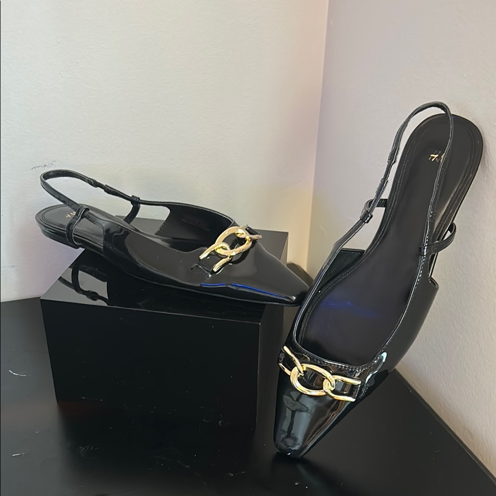 H&M Black Patent Slingback Flats with Gold Accent